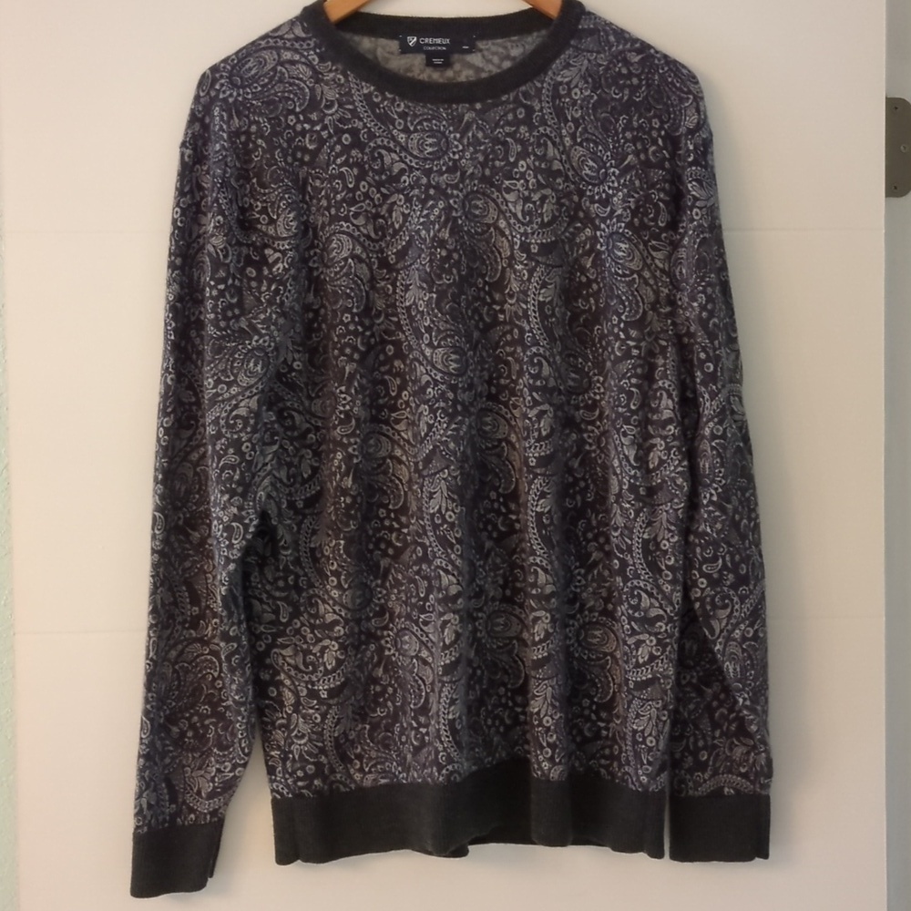 Cremieux Collection Gray& Navy Painsly Crew Neck Fall Merino Wool Sweater XL